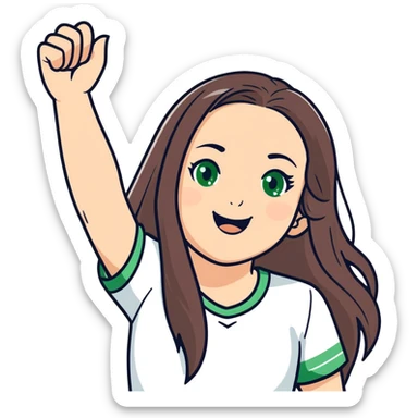 white girl, long brunette hair, green eyes rejoices in victory sticker