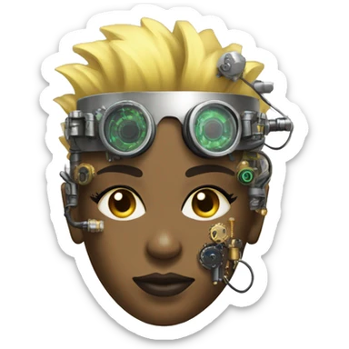 Light yellow Mohawk hair female cyborg head, dark skin, steampunk goggles and circuits sticker