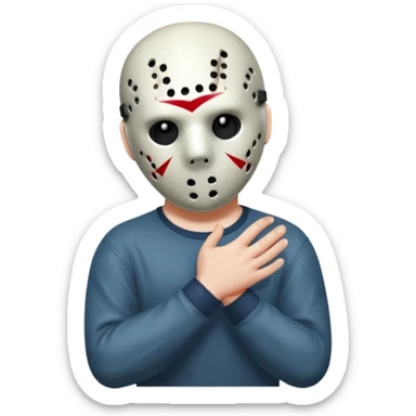 a cartoon image of Jason Voorhees, looking cute, with his hands clasped in front of him, at a sideways angle, looks like he is in love sticker