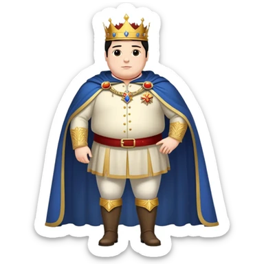 Full body of tall, chubby Francisco I with black hair, royal king standing in royal attire with crown and cape, elongated figure sticker