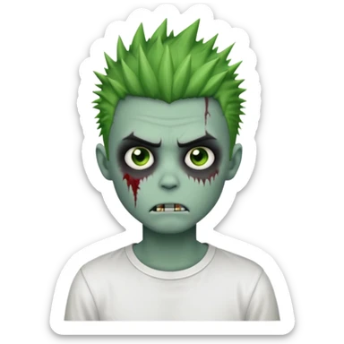 zombie boy with spiky emo hair, white shirt, green skin, classic emoji style sticker