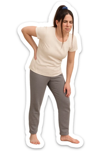 a woman in her 30s  holding her lower back with a pained expression. Subtle visual cues, like uneven shoulders or hips, hint at postural asymmetry. symbolizing chronic pain over the years. vista anatomicamente non farla troppo grassa sticker