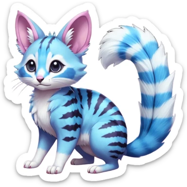 Cyan-blue-Cobalt-blue-magenta-gradients divine beautiful elegant pretty precious cute young youthful  Fakémon-Pokémon-alien-opossum-feline-serval-caracal-chinchilla-Minccino-hybrid-creature with a big fluffy bushy striped tail (full body) sticker
