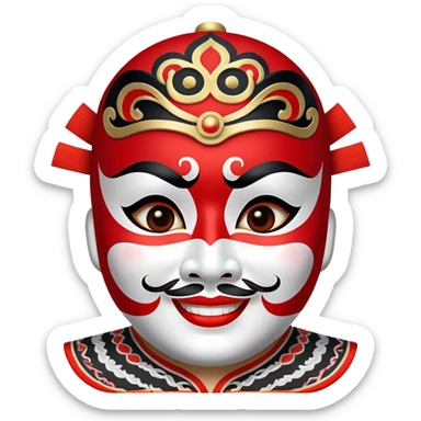 "Create a round-faced emoji featuring a Peking Opera red mask with bold black and white patterns. The emoji should have a friendly and expressive look, maintaining traditional opera facial markings while appearing modern and digital-friendly. It should convey a joyful and heroic emotion, with a confident smile and bright eyes, reflecting the red mask's symbolism of loyalty and bravery." sticker