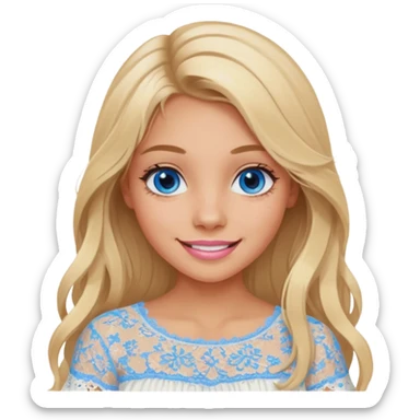 create an emoji of a young woman, tanned face, smile. she has an innocent natural look, very messy extremely long blonde hair, blueeyes, natural soft pink lips. she wears a very loose vextremely white lacy top sticker
