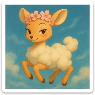 Transform this feminine vanilla cloud doe with rosy cheeks and cherry flowers on its head, floating gracefully, into a dreamy, whimsical Ghibli-inspired style with Pixar charm. Make the front of the doe peach-colored. Emphasize confidence, charm, and subtle allure, suitable for a social media brand mascot. Blend Ghibli and Pixar influences for brand identity, with a soft, elegant, and magical look. sticker