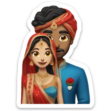 indian groom without turban and a white skin bride with blue eyes and red saree and veil sticker