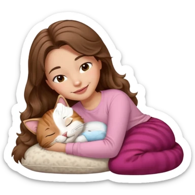 girl with wavy long brown hair, brown eyes, light to medium complexion, long lashes, light pink lipstick, smiling, wearing light pink shirt, sleeping on a cozy pillow, with brown tabby cat  sticker