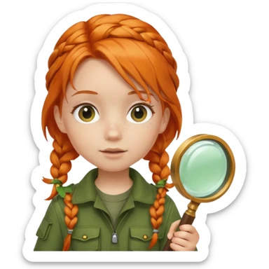 braid orange haired girl kid in moss green explorer outfit, holding magnifying glass sticker