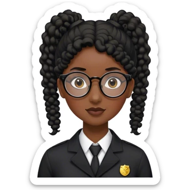 femme pilote d'avion en uniforme noir aux cheveux bouclés noir et petites lunettes arrondis identique avec des cheveux très long et la peau noir mais légèrement plus claire avec les cheveux attachés in a ponytail 1 seule personne, cheveux moins épais garde le personnage de gauche and give her more définition and less volume sticker