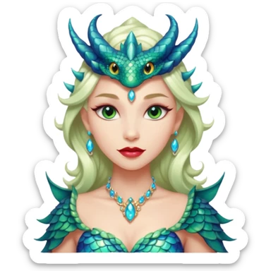 Am amazing blend of a half dragon woman with glittering jeweled scales covering her body. She has large almond shaped eyes, lush lips, and she wears a stunning luminescent gown. sticker