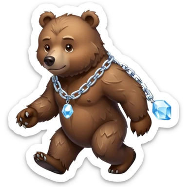 Fierce brown bear walking on four paws with an ice chain necklace, frozen chain links made of crystal clear ice, serious face sticker