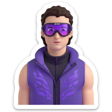 close-up of male athlete with white skin and moderately curly dark brown hair on top with shaved sides, wearing ski goggles with purple frames and very dark black lenses, a simple plain black chain necklace, and a completely unzipped sleeveless vest with purple and black sequin fire pattern design with no logo, frame centered on face and upper chest sticker