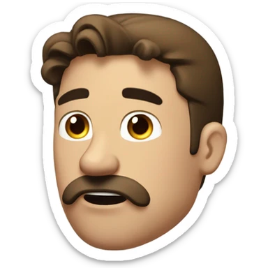 Brown haired guy with a mustache eyes looking up bored look blowing air out of his mouth black T-shirt in his late 30s  brown mustache and hair is in a ponytail sticker