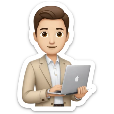business owner confidently, holding a closed laptop in one hand and a takeaway coffee cup in the other. The character wears casual-smart clothes. sticker