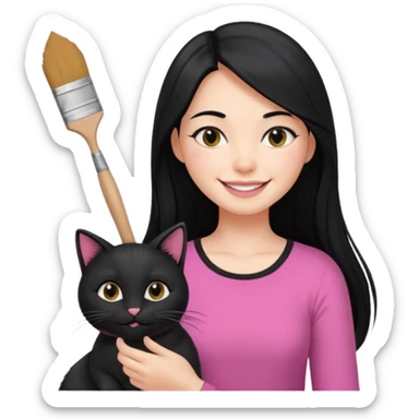 Painting women. smilling   Long black hair,  lunette peinture top pink, pinceau with is black cat  sticker