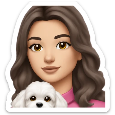 brunette Kendall Jenner with long hair holding on the hands white maltipoo wear on pink collar sticker