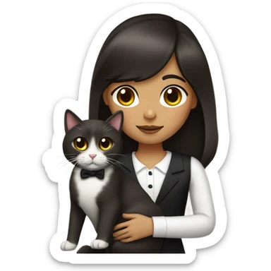 Dark brown haired girl with olive skin with straight across bangs and long hair holding a tuxedo cat sticker