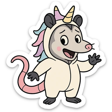 cute cartoon possum dressed up like a unicorn, flat toon style sticker