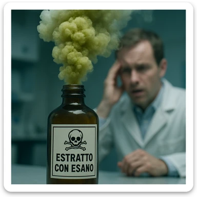 Enhance the toxic vapor coming out of the bottle to be much more visible and dramatic, resembling a threatening cloud. Highlight the chemical label 'Estratto con esano' making it clearly readable and central in the scene. Further blur the person in the background, emphasizing their worried expression. Maintain the photorealistic style, surreal atmosphere, and cold clinical lighting. sticker