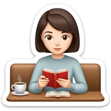 A brunette girl with a bob hairstyle, drinking coffee and reading a book sticker