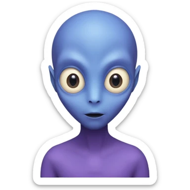 Portrait of an alien with smooth purple-blue skin, large black oval eyes, small nose, and no visible ears, elongated head, front-facing, wearing brown t-shirt, soft glow, simple futuristic design sticker