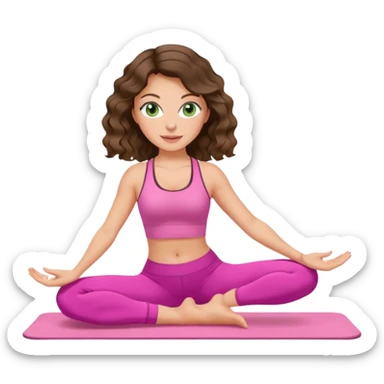 White, green-eyed, brunette cute feminine lady emoji with wavy hair doing pilates wearing pink pilates fit sticker