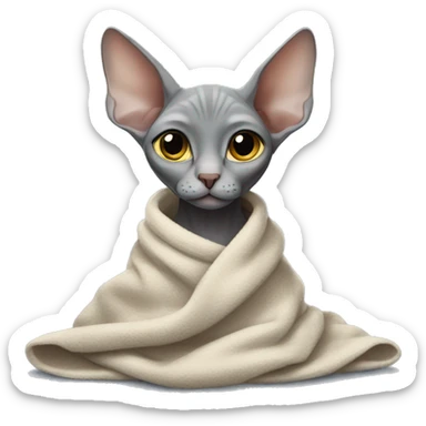 The grey sphinx cat sits wrapped in a blanket sticker