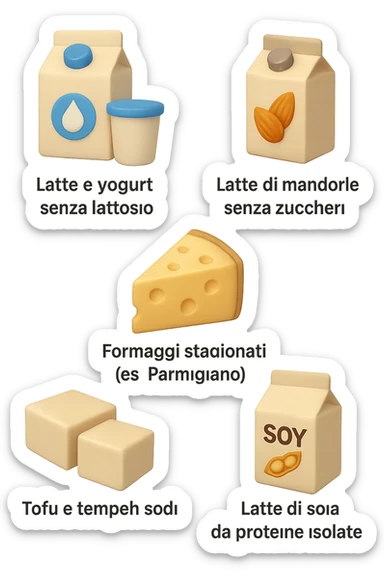 emoji stile iphone 3d di questi elementi che fluttuano in aria:

Latte e yogurt delattosati
Latte di mandorla (non zuccherato)
Latte di soia da proteine isolate
Formaggi stagionati (es. parmigiano)
Tofu compatto e tempeh
 che fluttuano in aria,  le etichette scrivile in italiano, iperealistico 4k sticker