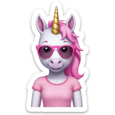 friendly anthropomorphised female unicorn with horse-like face, in tutu and pink t-shirt, wearing dark sunglasses, relaxed pose, close-crop head and shoulders portrait sticker
