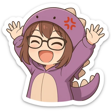 Chibi anime style gamer girl with glasses, brown hair, dark purple eyes, wearing a purple dinosaur costume, new pose with arms up in excitement, making a laughing expression, no controller, no background, same style as reference. sticker