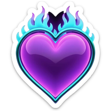 futuristic minimalistic fire heart made of purple (#8B5CF6) and cyan (#00E0FF) neon lines, dark background, digital tech aesthetic, no face, 1:1 aspect ratio sticker