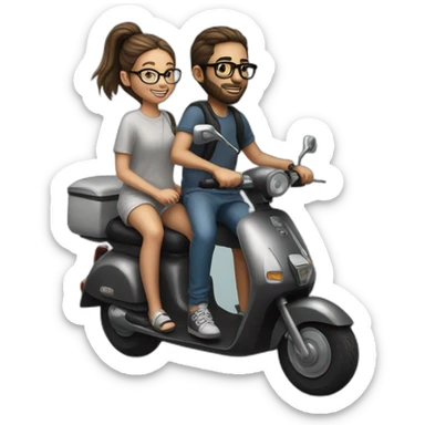hyper realistic boy with long hair tied in a bun, beard, and glasses, riding a black scooter with a girl on the back sticker