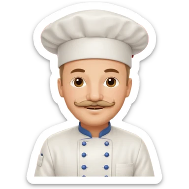 Est-ce que tu peux me faire un chef cuistot qui ressemble à Philippe Etchebest et qui est devant un restaurant? Est-ce que tu peux le faire souriant, avec une moustache de cuistot? 
 sticker