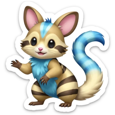 Neon-yellow and neon-cobalt-blue- and cyan-gradients-striped Furret-Emolga-Genet-Cacomistl-hybrid-fusion (full body) sticker