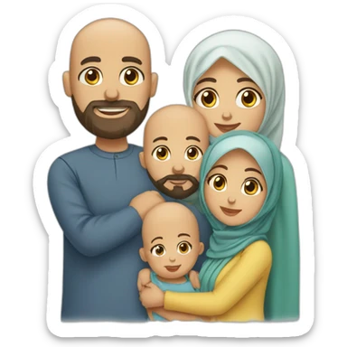 Muslim family with bearded and bald husband, hijab wife, Two boys and a new born daughter sticker
