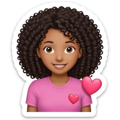 A brown skin girl with a black curly 4C hair and she has a pink Shirt that has a heart  sticker