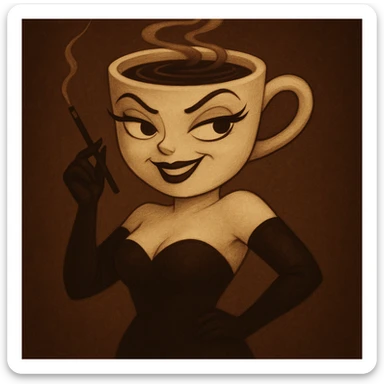 Edit the coffee cup woman character to have a confident and sassy expression with a raised eyebrow and a smirk. Keep the original style and character intact, only modify the eyes and mouth to reflect this expression. sticker