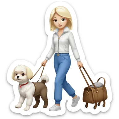 blonde woman wearing pants, walking a small maltese dog. sticker