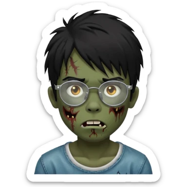 Boy, zombie, black hair, medium long, emo, shaggy, dark, spooky, creepy expression emoji, add transparent glasses, a risk on the eyebrow, some tattos sticker