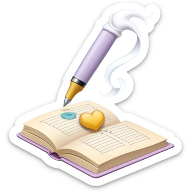 Create a whimsical and poetic emoji symbolizing poetry. The design should have several elegant pages floating smoothly in the air with short poetic columns written on them. Add a white pen resting gracefully on the pages and an inkwell. The overall color palette should include soft pastel tones, which will add airiness and dreaminess to the design. Make the background transparent sticker