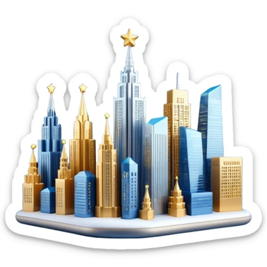 3D emoji of Moscow City business district skyline. A cluster of stylized skyscrapers with different shapes (gold, blue, silver). Decorated with tiny glowing Christmas lights. Soft 3D render, clay and glass textures, Apple aesthetic, isolated on a white background. sticker