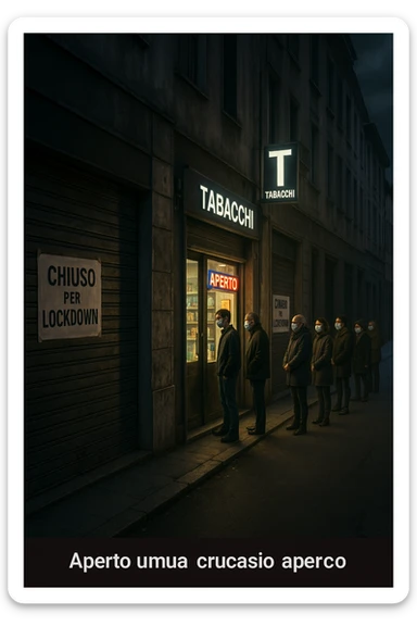 a deserted city street with all shops and businesses shuttered, their windows covered with “Chiuso per Lockdown” signs. In contrast, a brightly lit tobacco shop stands open, with a glowing “Aperto” sign and people lined up outside, all wearing masks. The mood is somber and critical, highlighting the paradox. in italiano sticker