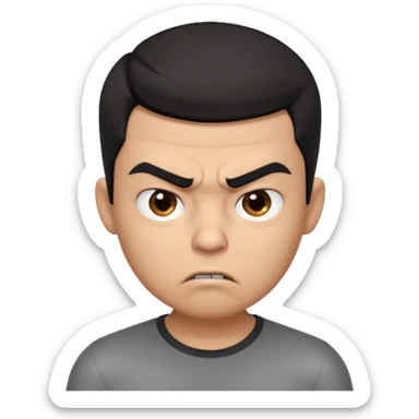 Create a 3D cartoon-style boy character with light brown skin, short straight black hair swept to one side covering part of his forehead, and an angry or annoyed expression. Sharp eyebrows, narrowed eyes, and lips pressed in irritation. sticker