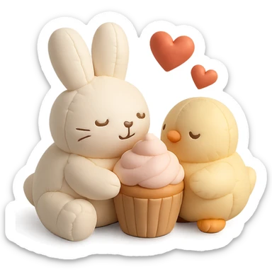 bunny and chick sharing cupcake with hearts floating, cushion style sticker