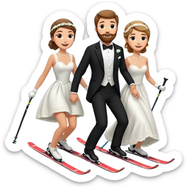 a couple skiing, man with a beard in a tux and woman in a wedding dress on their skiis going down a slope sticker