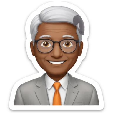 60 yr old indian man, short straight white hair brushed foreward , light grey business suit, big smile, dark brown skin, no moustache, dark brown eyes, glasses
 sticker