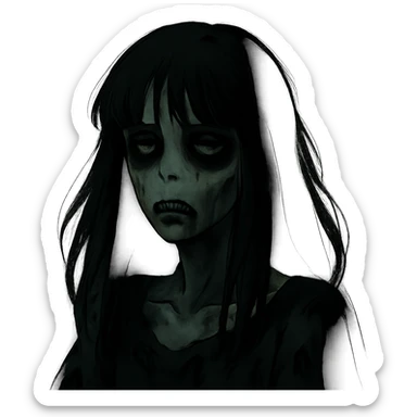 dark gothic style zombie girl with light skin, long black hair with bangs, moody and atmospheric sticker