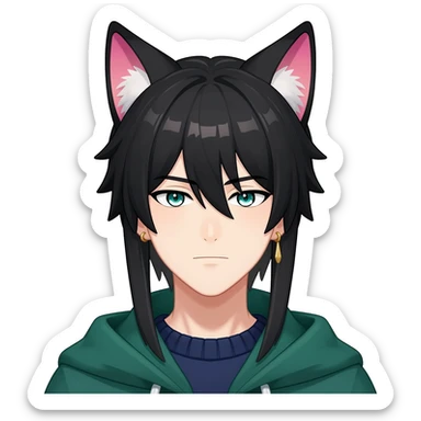 Tighnari from Genshin Impact; anime man with long-straight-dark-black hair, long black fox ears with pink Scapha, colorful-gradient-brown-turquoise eyes, gold earring, dark-blue-sweater, green cape, white pupils sticker