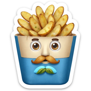 fried potatoes in a blue carton, carton has eyes and mustache sticker